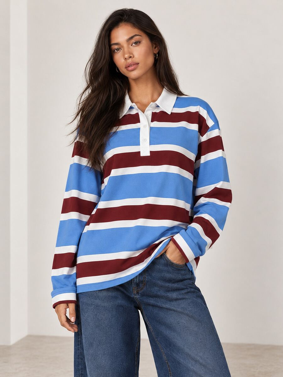 ELLERISSA Polo Top Rugby Garis Biru, Kerah, Lengan Panjang, Kancing Depan - MultiWarna - View 1