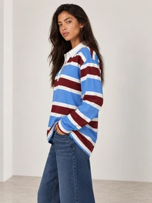 ELLERISSA Polo Top Rugby Garis Biru, Kerah, Lengan Panjang, Kancing Depan - MultiWarna - View 4