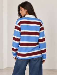 ELLERISSA Polo Top Rugby Garis Biru, Kerah, Lengan Panjang, Kancing Depan - MultiWarna - View 2