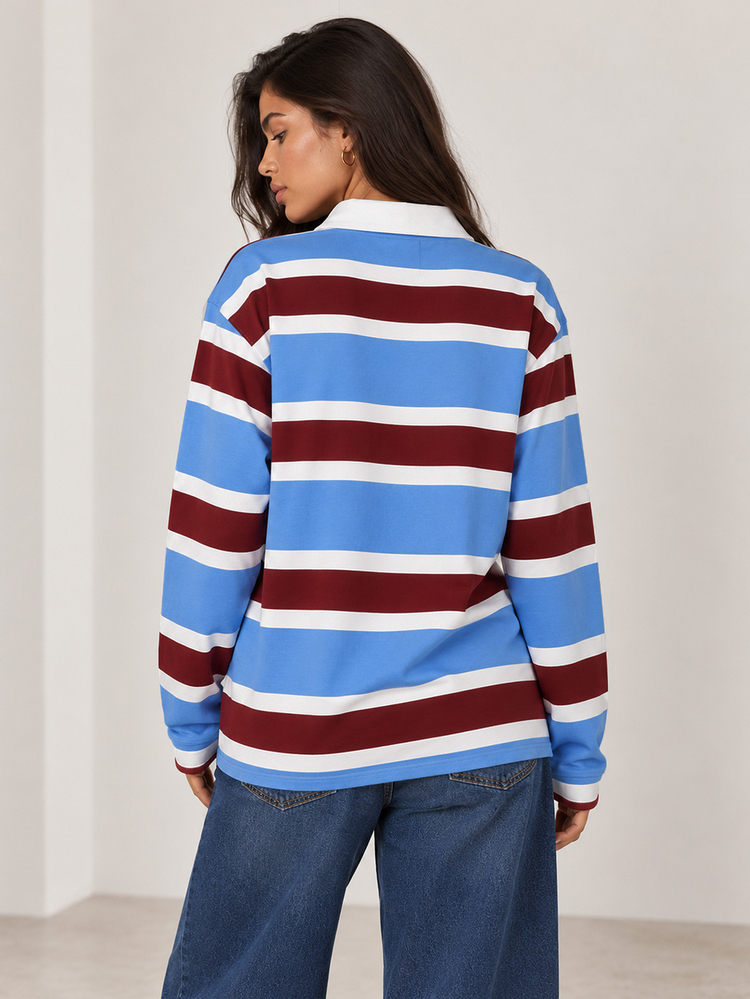 ELLERISSA Blue Stripe Rugby Polo Top Collared Neck Long Sleeve Button Placket - Multicolor - View 2