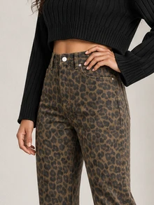 ELLERISSA Multicolor Leopard Print High Waist Straight Leg Jeans - Multicolor - View 6