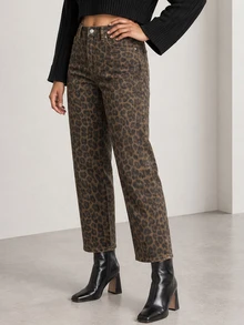 ELLERISSA Multicolor Leopard Print High Waist Straight Leg Jeans - Multicolor - View 3
