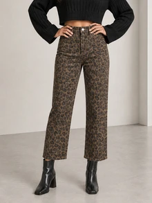 ELLERISSA Multicolor Leopard Print High Waist Straight Leg Jeans - Multicolor - View 1