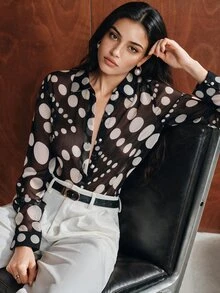 Anewsta Early Autumn New Classic Elegant Irregular Polka Dot Pattern Design Long Sleeve Women's Blouse - Black - View 6