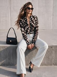 Anewsta Early Autumn New Classic Elegant Irregular Polka Dot Pattern Design Long Sleeve Women's Blouse - Black - View 3