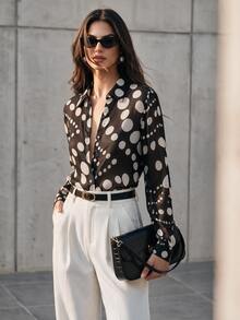 Anewsta Early Autumn New Classic Elegant Irregular Polka Dot Pattern Design Long Sleeve Women's Blouse - Black - View 4
