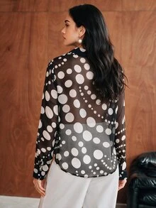 Anewsta Early Autumn New Classic Elegant Irregular Polka Dot Pattern Design Long Sleeve Women's Blouse - Black - View 2