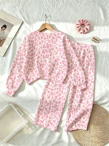 Tween Girls Leopard Print Letter Sweatshirt & Wide Leg Pants Set, Pink Cozy Sweet Outfit, Fall Winter, 1 Set - Multicolor - View 2