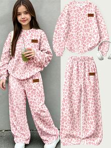 Tween Girls Leopard Print Letter Sweatshirt & Wide Leg Pants Set, Pink Cozy Sweet Outfit, Fall Winter, 1 Set - Multicolor - View 4