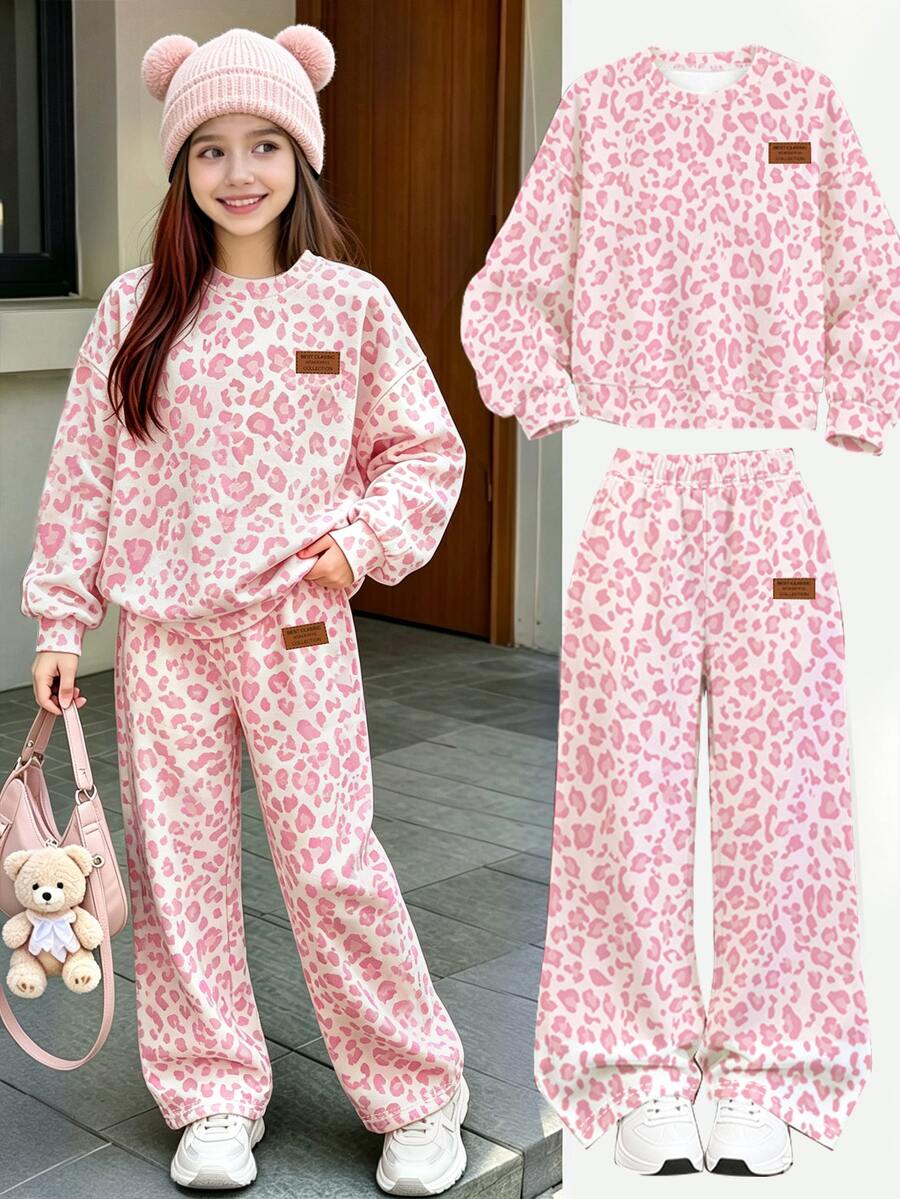 Tween Girls Leopard Print Letter Sweatshirt & Wide Leg Pants Set, Pink Cozy Sweet Outfit, Fall Winter, 1 Set - Multicolor - View 1