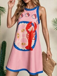 Vaclyn 女士夏季休闲沙滩度假风龙虾贝壳印花饰边无袖宽松连衣裙 - 彩色 - 查看 2