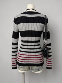 Bitrose Y2K 90s Inspired Streetwear Retro Contrast Color Ribbed Knit Top V-Neck Slim Fit Ribbed Long Sleeve Sexy Sweater Night Out Black And Red Autumn - Multicolor - View 2