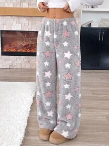 SHEIN 女童星星印花法蘭絨冬季長褲 - 灰色 - 查看 5