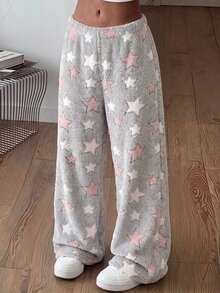 SHEIN 女童星星印花法蘭絨冬季長褲 - 灰色 - 查看 8