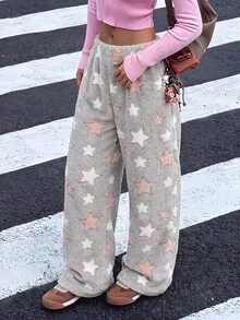 SHEIN 女童星星印花法蘭絨冬季長褲 - 灰色 - 查看 9