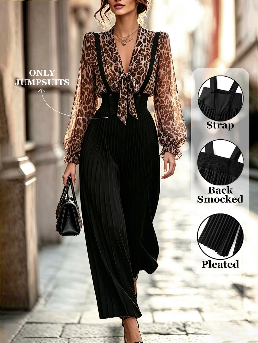 SHEIN Franclia Women's Solid Color Pleated Button Strap Wide Leg Jumpsuit Black Jumpsuits Elastic Waist Spring Fall Winter Outfit Elegant Party Christmas New Year - Black - View 1