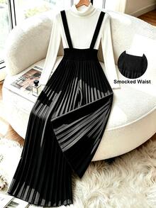 SHEIN Franclia Women's Solid Color Pleated Button Strap Wide Leg Jumpsuit Black Jumpsuits Elastic Waist Spring Fall Winter Outfit Elegant Party Christmas New Year - Black - View 2