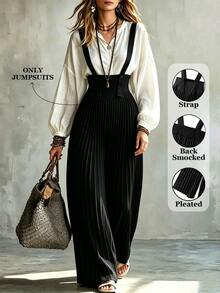 SHEIN Franclia Women's Solid Color Pleated Button Strap Wide Leg Jumpsuit Black Jumpsuits Elastic Waist Spring Fall Winter Outfit Elegant Party Christmas New Year - Black - View 3