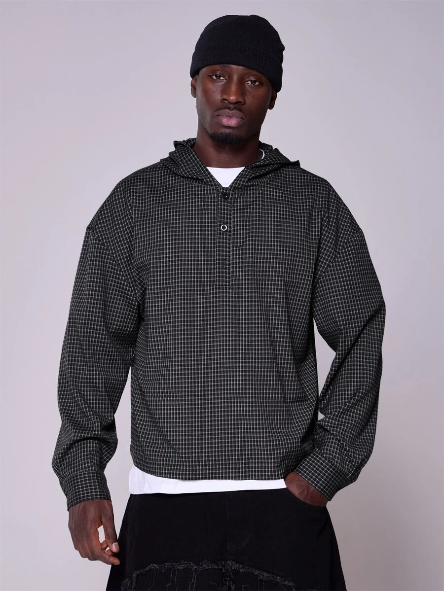 Musero Hooded Check Shirt Placket Detail Cuffed Sleeve Autum Winter Essentials - Grey - View 1