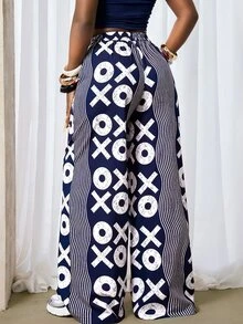 Zolique Fashionable Casual Commuter City Break Vacation Wave Pattern Symbol Print Wide Leg Long Pants Navy Blue And White Autumn Vacation - Multicolor - View 2