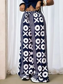 Zolique Fashionable Casual Commuter City Break Vacation Wave Pattern Symbol Print Wide Leg Long Pants Navy Blue And White Autumn Vacation - Multicolor - View 4