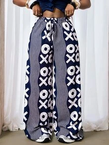 Zolique Fashionable Casual Commuter City Break Vacation Wave Pattern Symbol Print Wide Leg Long Pants Navy Blue And White Autumn Vacation - Multicolor - View 8