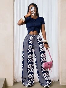 Zolique Fashionable Casual Commuter City Break Vacation Wave Pattern Symbol Print Wide Leg Long Pants Navy Blue And White Autumn Vacation - Multicolor - View 5