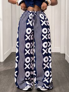 Zolique Fashionable Casual Commuter City Break Vacation Wave Pattern Symbol Print Wide Leg Long Pants Navy Blue And White Autumn Vacation - Multicolor - View 1