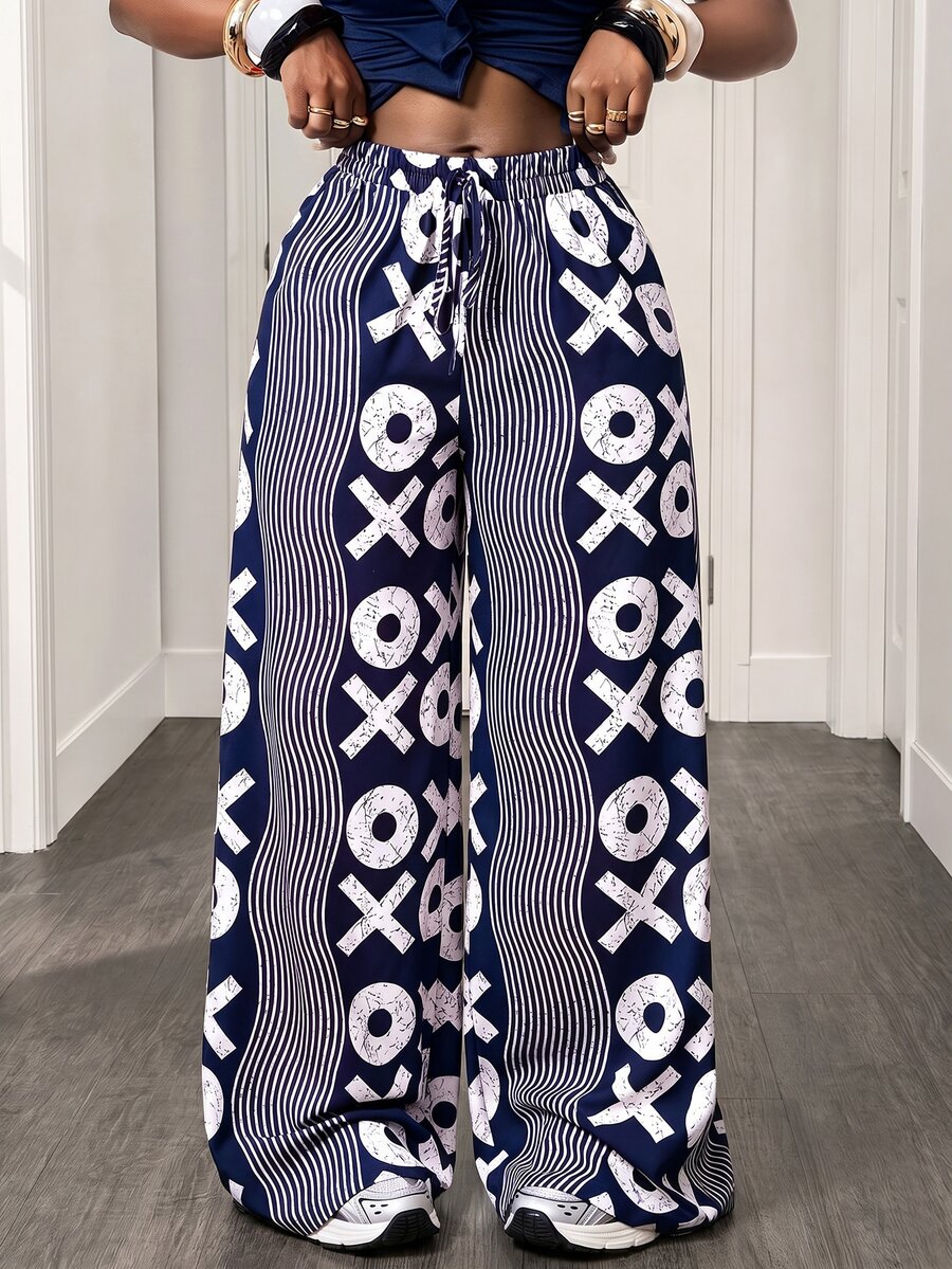 Zolique Fashionable Casual Commuter City Break Vacation Wave Pattern Symbol Print Wide Leg Long Pants Navy Blue And White Autumn Vacation - Multicolor - View 1