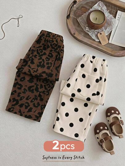 Cozy Pixies 2pcs Baby Girl Baby Girl Casual Daily Comfortable Leopard Print, Polka Dot Playful Print, Corduroy Straight Leg Autumn Winter Pants