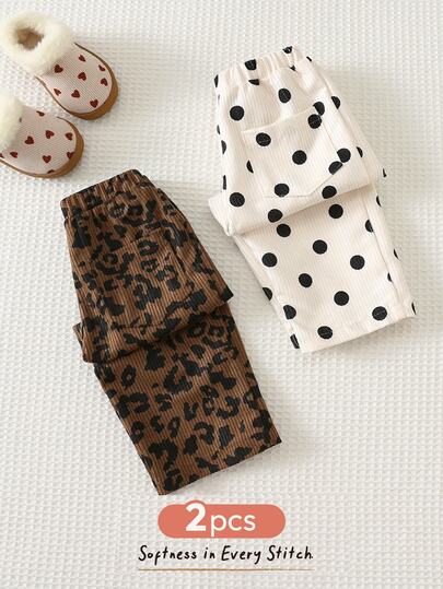 Cozy Pixies 2pcs Baby Girl Baby Girl Casual Daily Comfortable Leopard Print, Polka Dot Playful Print, Corduroy Straight Leg Autumn Winter Pants