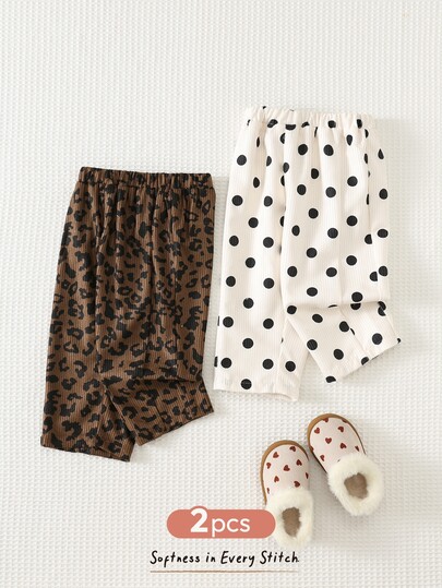Cozy Pixies 2pcs Baby Girl Baby Girl Casual Daily Comfortable Leopard Print, Polka Dot Playful Print, Corduroy Straight Leg Autumn Winter Pants