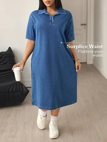 Flexra Fall Casual Cute Straight Leg Button Up Collar Short Sleeve Blue Denim Daily Wear Plus Size Denim Dress For Women - Medium Wash - View 3