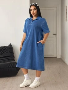 Flexra Fall Casual Cute Straight Leg Button Up Collar Short Sleeve Blue Denim Daily Wear Plus Size Denim Dress For Women - Medium Wash - View 5