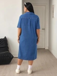 Flexra Fall Casual Cute Straight Leg Button Up Collar Short Sleeve Blue Denim Daily Wear Plus Size Denim Dress For Women - Medium Wash - View 2