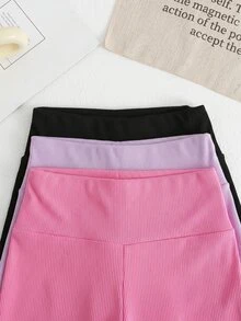SHEIN Young Girl Sporty Sweet Cool Spring/Summer Knit Solid Color High Waist Shorts 3pcs Set - Multicolor - View 3