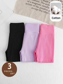SHEIN Young Girl Sporty Sweet Cool Spring/Summer Knit Solid Color High Waist Shorts 3pcs Set - Multicolor - View 1
