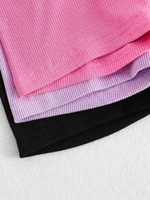 SHEIN Young Girl Sporty Sweet Cool Spring/Summer Knit Solid Color High Waist Shorts 3pcs Set - Multicolor - View 4