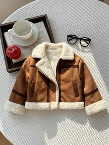 SHEIN 嬰兒男童女童通用冬季套裝 泰迪絨內裡拉鍊式摩托車夾克外套 - 棕色 - 查看 1