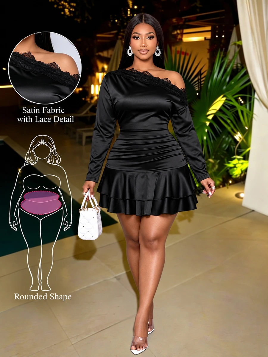 SOLERSUN Plus Size Women's Elegant Lace Asymmetrical Shoulder Double Layer Ruffle Pleated Solid Color Long Sleeve Mini Dress, Suitable For Daily Commute And Dating - Black - View 1