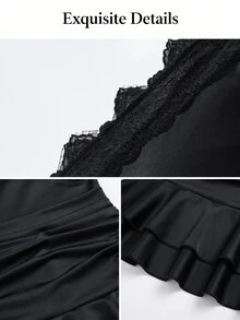 SOLERSUN Plus Size Women's Elegant Lace Asymmetrical Shoulder Double Layer Ruffle Pleated Solid Color Long Sleeve Mini Dress, Suitable For Daily Commute And Dating - Black - View 9