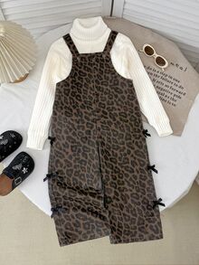 SHEIN Little Byeori 女童黑色蝴蝶結豹紋牛仔寬鬆背帶褲 開學季 - 棕色 - 查看 8