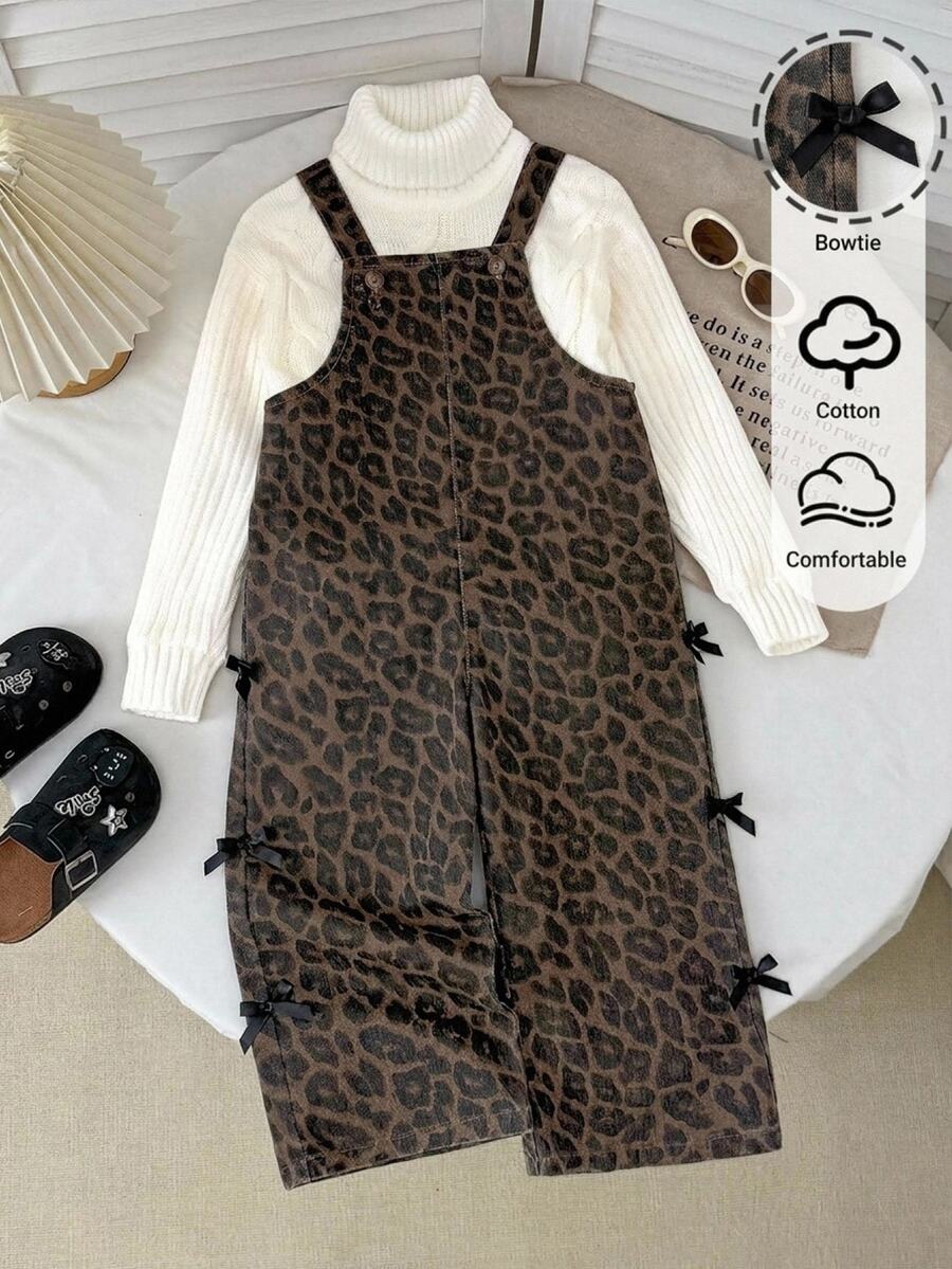SHEIN Little Byeori 女童黑色蝴蝶結豹紋牛仔寬鬆背帶褲 開學季 - 棕色 - 查看 1