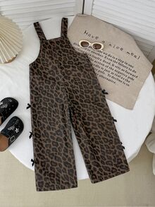 SHEIN Little Byeori 女童黑色蝴蝶結豹紋牛仔寬鬆背帶褲 開學季 - 棕色 - 查看 3