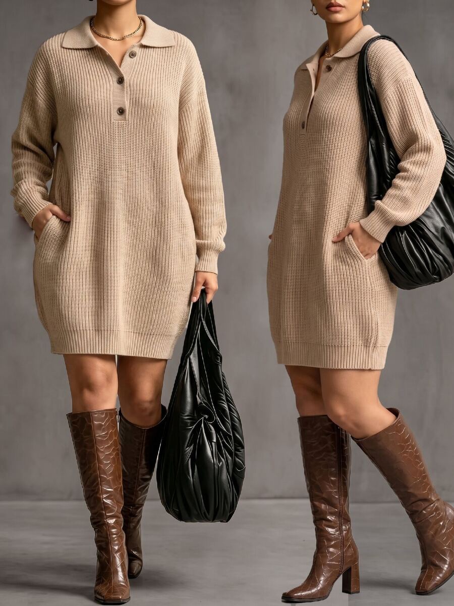 Easura Women's Autumn/Winter Elegant Half-Open Lapel Knit Dress, Vertical Ribbed Pocket Long Sleeve Loose Slimming Plus Size Mid-Length Dress - Khaki - View 1