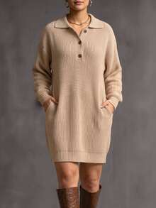 Easura Women's Autumn/Winter Elegant Half-Open Lapel Knit Dress, Vertical Ribbed Pocket Long Sleeve Loose Slimming Plus Size Mid-Length Dress - Khaki - View 4