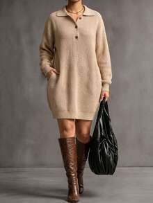 Easura Women's Autumn/Winter Elegant Half-Open Lapel Knit Dress, Vertical Ribbed Pocket Long Sleeve Loose Slimming Plus Size Mid-Length Dress - Khaki - View 7