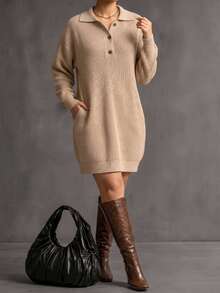Easura Women's Autumn/Winter Elegant Half-Open Lapel Knit Dress, Vertical Ribbed Pocket Long Sleeve Loose Slimming Plus Size Mid-Length Dress - Khaki - View 5