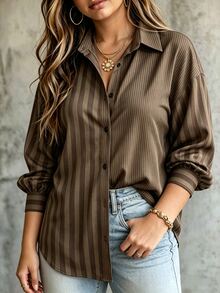 Weeklong Plus Size Women's Colorful Striped Patchwork Shirt Dress, Elegant And Exquisite For Autumn/Winter And All Seasons, Suitable For Commuting And Daily Wear - Multicolor - View 3