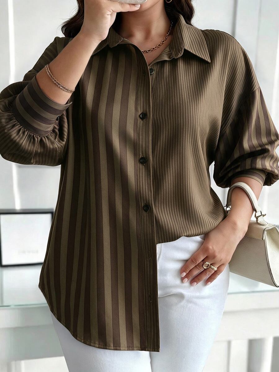 Weeklong Plus Size Women's Colorful Striped Patchwork Shirt Dress, Elegant And Exquisite For Autumn/Winter And All Seasons, Suitable For Commuting And Daily Wear - Multicolor - View 1